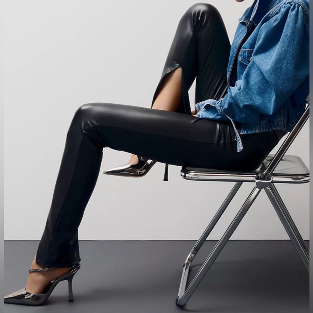 Anthropologie faux leather slit pants / leggings. Stretchy waist. Black. Size M - Picture 3 of 11